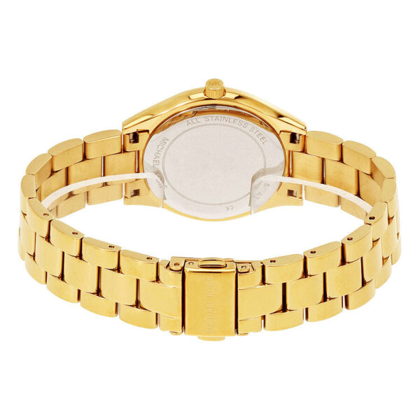 Michael Kors Mini Slim Runway MK3477 caseback showing stainless steel back and gold tone bracelet