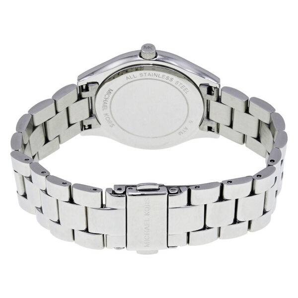 Michael Kors Mini Slim Runway watch caseback with stainless steel bracelet