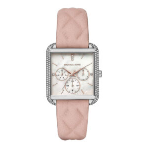 Michael Kors Drew women's watch with mother-of-pearl dial, crystal-bezel case, and pink leather strap