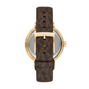 Michael Kors Addyson watch angled view displaying brown leather strap with gold buckle