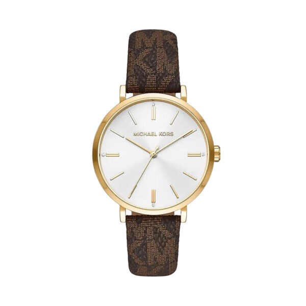 Michael Kors Addyson gold-tone watch with white dial and brown leather strap