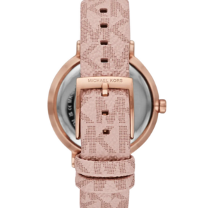 Caseback view of Michael Kors Addyson MK2947 with rose-gold tone case and pink PVC strap