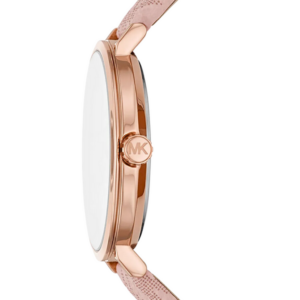 Side profile of Michael Kors Addyson MK2947 showing rose-gold case thickness and pink PVC strap