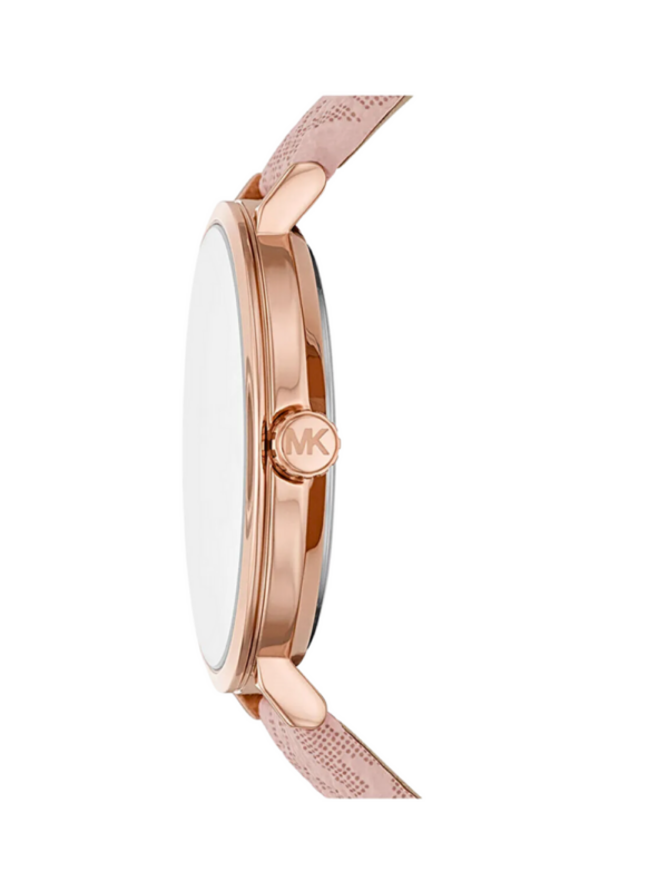 Side profile of Michael Kors Addyson MK2947 showing rose-gold case thickness and pink PVC strap