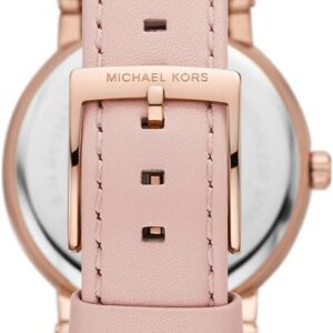 Michael Kors MK2987 caseback view with pink leather strap and rose gold case