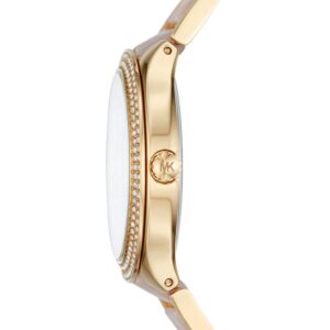 Michael Kors Kerry MK3508 side view showing gold-tone case, pink acetate strap, and crystal bezel