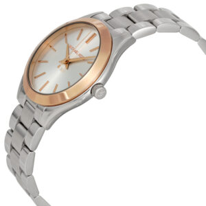 Side angled view of Michael Kors MK3514 watch showing link bracelet and case profile