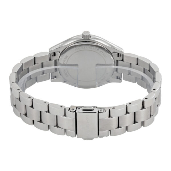 Back view of Michael Kors MK3514 watch showing stainless steel caseback and bracelet