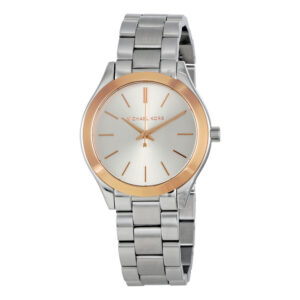 Michael Kors Mini Slim Runway women's watch with silver-tone bracelet and rose gold bezel