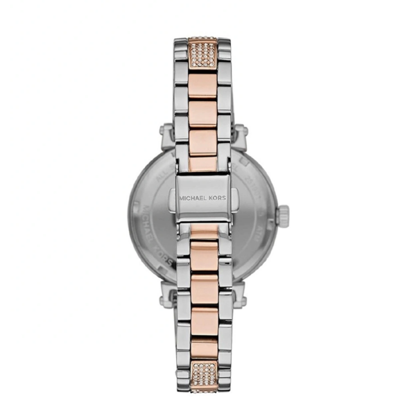 Caseback view of Michael Kors MK4353 two-tone stainless steel watch
