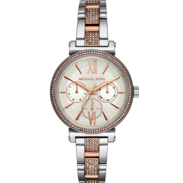 Michael Kors MK4353 two-tone ladies watch with crystal bezel and silver and rose gold bracelet
