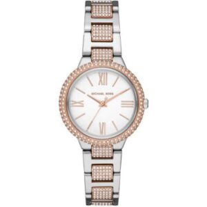 Michael Kors MK4461 two-tone steel watch with crystal-bezel, white dial, Roman numerals, and diamond-set bracelet