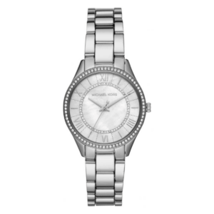 Michael Kors Lauryn silver-tone women's watch with crystal bezel and white dial