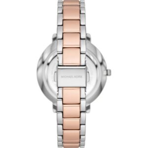 Michael Kors MK4667 Pyper watch caseback showing two-tone stainless steel band