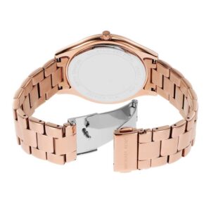 Michael Kors Slim Runway rose gold bracelet watch shown from rear with caseback visible