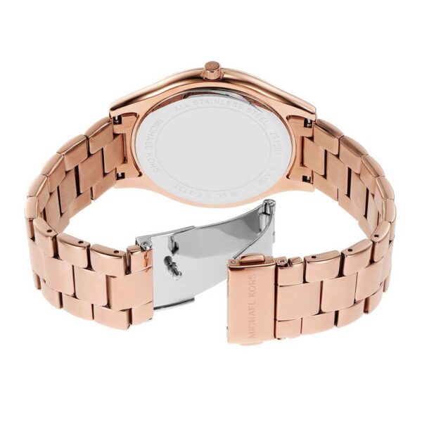 Michael Kors Slim Runway rose gold bracelet watch shown from rear with caseback visible