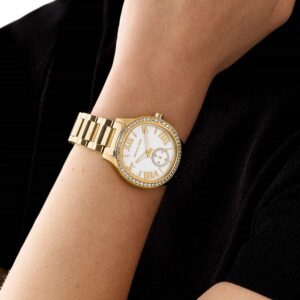 Michael Kors Sage Pavé women's watch worn on wrist with gold-tone bracelet