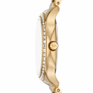 Side view of Michael Kors MK4805 watch showing crystal-set bezel and gold-tone case profile