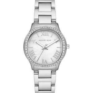Michael Kors Mini Sage silver-tone women's watch with crystal bezel and white dial