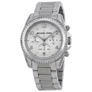 Michael Kors MK5165 silver-tone chronograph watch with white dial and crystal bezel