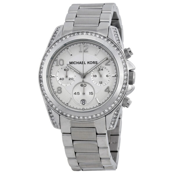 Michael Kors MK5165 silver-tone chronograph watch with white dial and crystal bezel