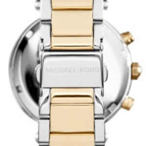 Michael Kors MK6140 caseback view with two-tone rose gold and silver steel bracelet