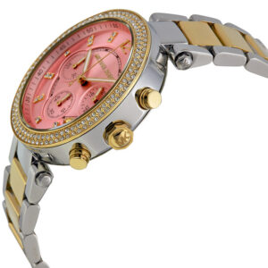 Michael Kors MK6140 side view showing two-tone rose gold and silver steel bracelet