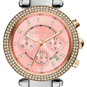 Michael Kors MK6140 rose gold ladies chronograph watch with pink dial and diamond bezel