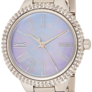Michael Kors Mini Taryn watch at angle showing silver bracelet and purple dial with Roman numerals