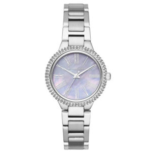 Michael Kors Mini Taryn silver-tone watch with purple mother-of-pearl dial and crystal bezel