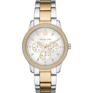 Michael Kors MK6825 Tibby women's watch with two-tone silver and gold bracelet, crystal-studded bezel, and white chronograph dial