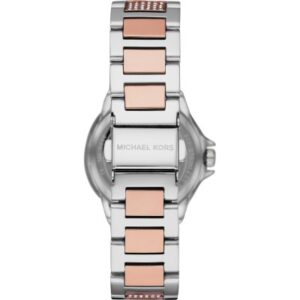 Michael Kors MK6846 caseback showing silver and rose gold two-tone bracelet