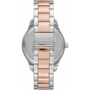 Michael Kors MK6849 Layton watch caseback showing silver and rose gold two-tone bracelet