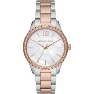 Michael Kors MK6849 Layton watch with two-tone silver and rose gold strap, crystal bezel, and white dial