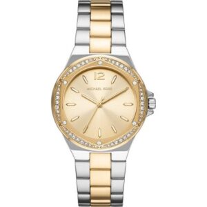 Michael Kors MK6988 Lennox watch with two-tone silver and gold bracelet, crystal bezel, and champagne dial