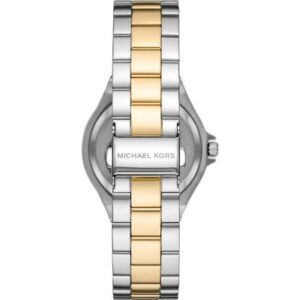 Case back view of Michael Kors MK6988 Lennox watch showing engraved logo