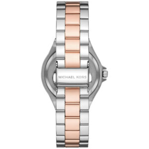 Michael Kors MK6989 watch caseback showing two-tone bracelet and engraved case back