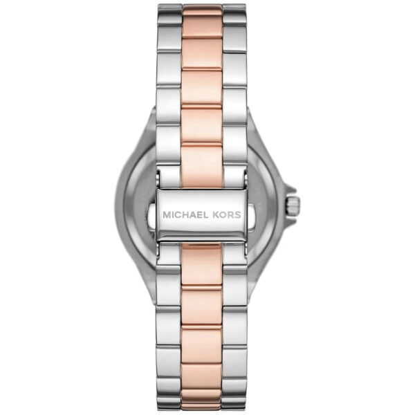 Michael Kors MK6989 watch caseback showing two-tone bracelet and engraved case back