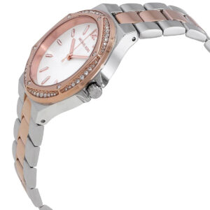 Michael Kors MK6989 ladies watch side profile with rose gold bezel and two-tone bracelet