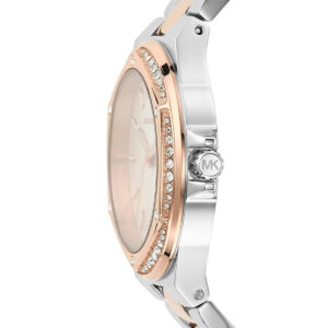 Michael Kors MK6989 watch side view showing crystal-adorned rose gold bezel detail
