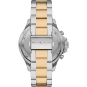 Michael Kors MK7209 Everest watch caseback showing two-tone stainless steel and gold bracelet