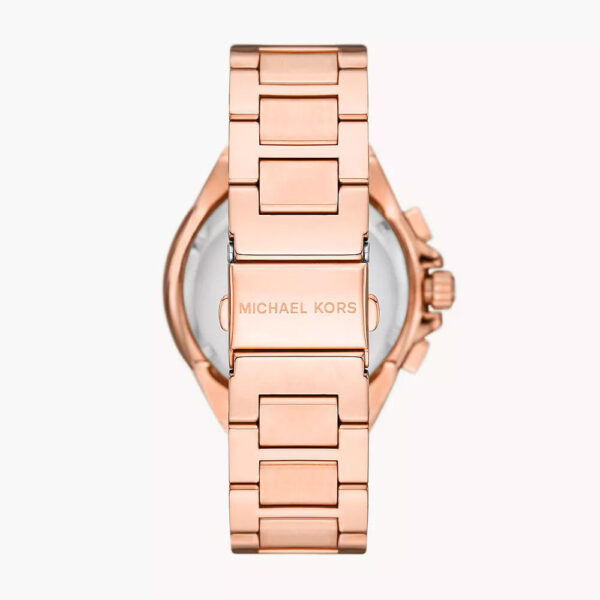 Caseback view of Michael Kors Camille watch with rose-gold bracelet