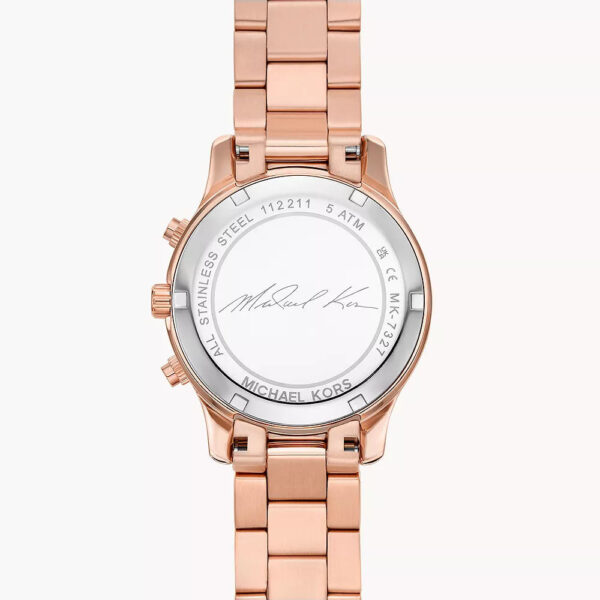 Michael Kors MK7327 watch caseback detail showing serial and branding