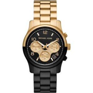Michael Kors MK7328 Runway chronograph watch with black dial and dual-tone gold and black bracelet
