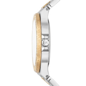 MK7338 watch side view showing crystal-adorned bezel and two-tone case design