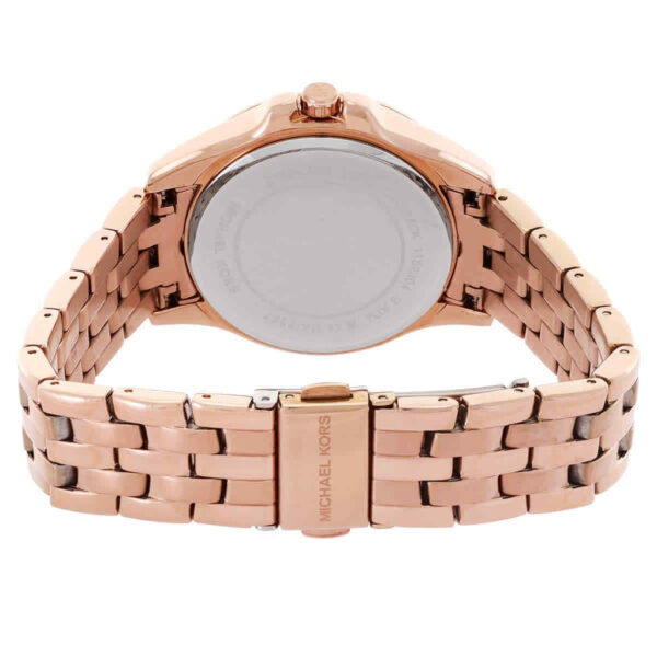 Back view of Michael Kors MK7367 showing case back and rose gold link bracelet
