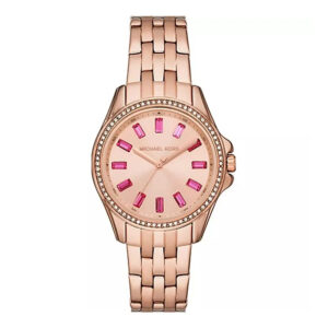 Michael Kors Mini Pilot Pavé rose gold women's watch with pink crystal hour markers and diamond bezel