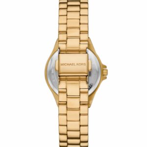 Gold-tone watch caseback with Michael Kors branding and integrated bracelet