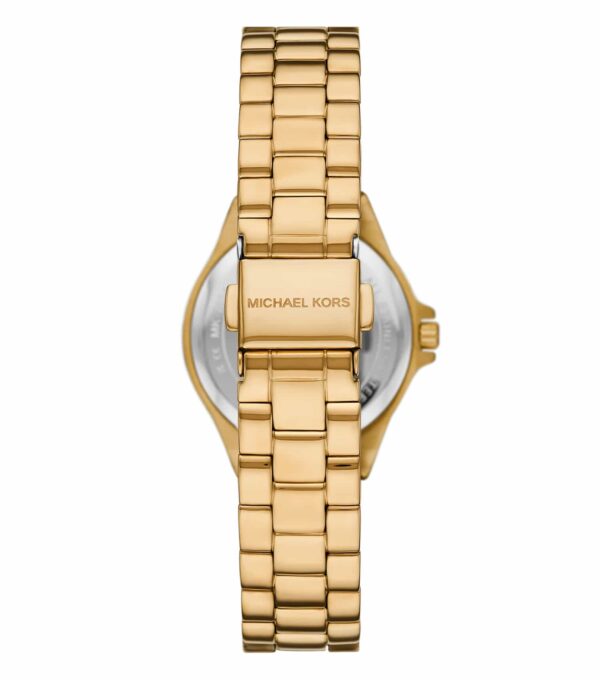 Gold-tone watch caseback with Michael Kors branding and integrated bracelet