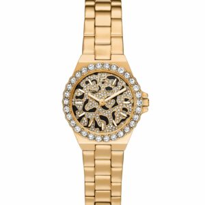 Michael Kors Mini Lennox gold-tone women's watch with pavé crystal bezel and leopard dial